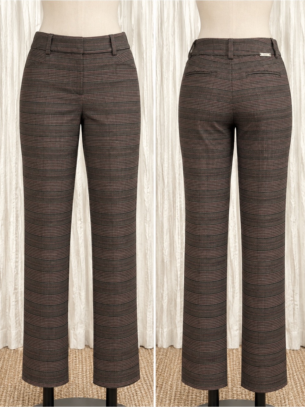 Tailored Straight-Leg Plaid Pants - Brown